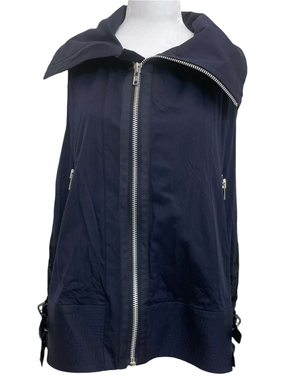 Sacai Navy Blue Cotton Blend Zip Front Spread Collar Biker Gilet Vest